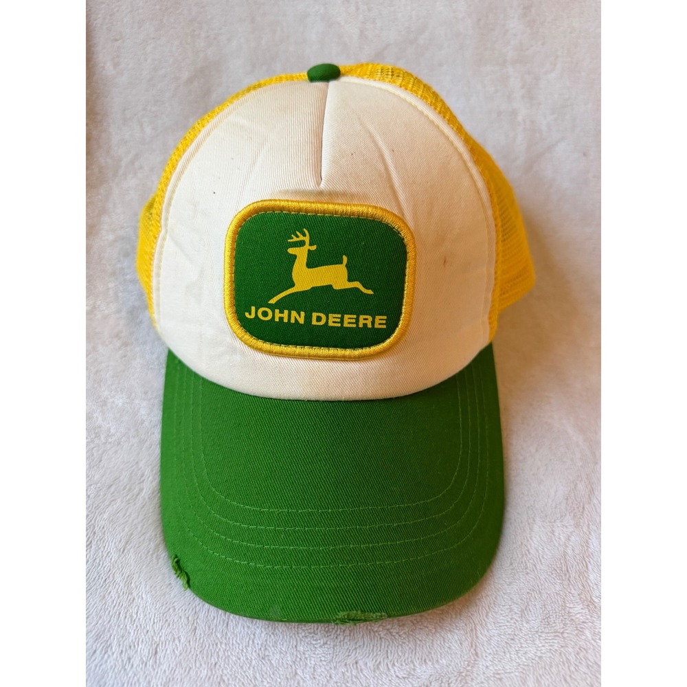 John Deere Trucker Hat Mens OSFM Green Yellow Good Vintage Distressed Mesh Cap